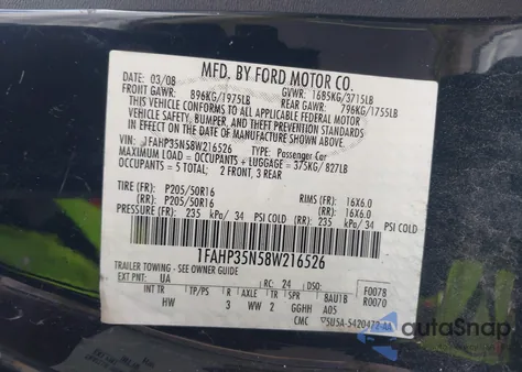 2008 Ford Focus Se/Ses z USA, uszkodzony, nr VIN 1FAHP35N58W216526